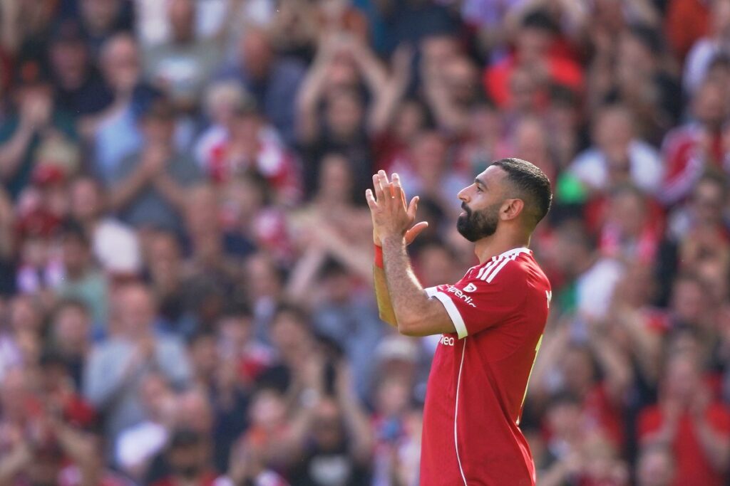 Liverpool's Mohamed Salah leaves the pitch after being substituted during the English Premier League soccer match between Liverpool and Crystal Palace in Liverpool, England, Saturday, April 25, 2026. (AP Photo/Ian Hodgson)