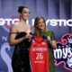 UCLA Angela Dugalic poses with WNBA commissioner Cathy Engelbert after being selected ninth overall by the Washington Mystics in the first round of the WNBA basketball draft Monday, April 13, 2026, in New York. (AP Photo/Pamela Smith)