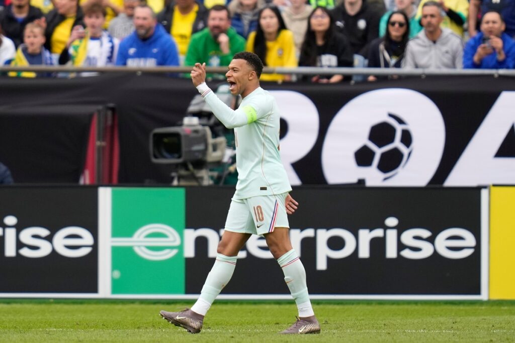 Kylian Mbappe of France gestures during the international friendly soccer match between Brazil and France in Foxborough, Mass, Thursday, March 26, 2026. (AP Photo/Charles Krupa)
