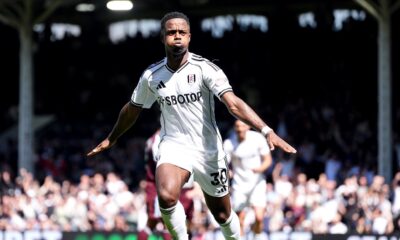Fulham's Ryan Sessegnon celebrates scoring the opening goal during a Premier League match between Fulham and Aston Villa, in London, Saturday, April 25, 2026. (Ben Whitley/PA via AP)