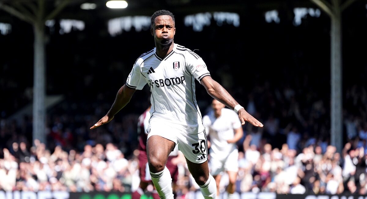 Fulham's Ryan Sessegnon celebrates scoring the opening goal during a Premier League match between Fulham and Aston Villa, in London, Saturday, April 25, 2026. (Ben Whitley/PA via AP)