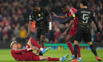Liverpool's Hugo Ekitike lies injured during the Champions League quarterfinal second leg soccer match between Liverpool and Paris Saint-Germain in Liverpool, England, Tuesday, April 14, 2026. (AP Photo/Jon Super)