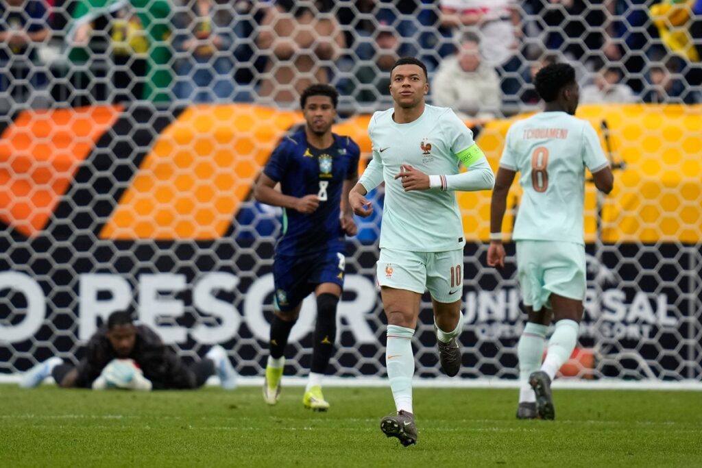 Kylian Mbappe of France runs during the international friendly soccer match between Brazil and France in Foxborough, Mass, Thursday, March 26, 2026. (AP Photo/Charles Krupa)
