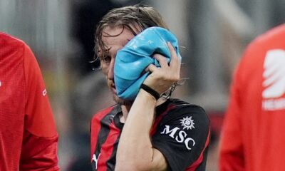 AC Milan's Luka Modric is injured during the Serie A soccer match between AC Milan and Juventus, in Milan, Italy, Sunday, April 26, 2026. (Spada/LaPresse via AP)