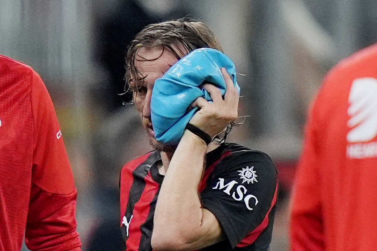 AC Milan's Luka Modric is injured during the Serie A soccer match between AC Milan and Juventus, in Milan, Italy, Sunday, April 26, 2026. (Spada/LaPresse via AP)