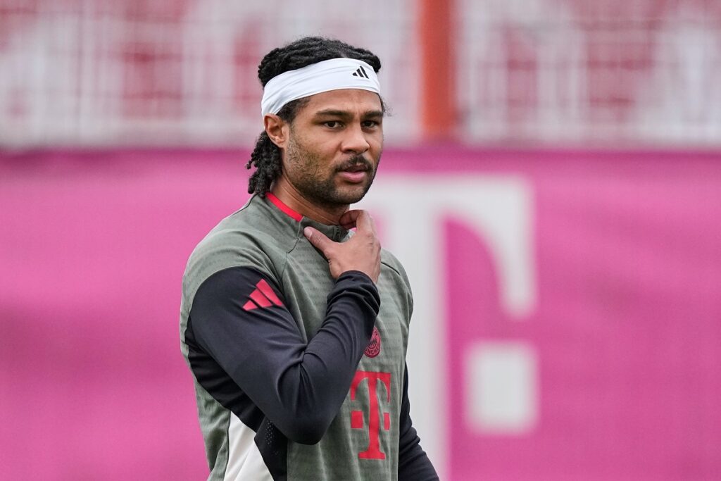 Bayern's Serge Gnabry is pictured during a training session ahead of the Champions League quarterfinal second leg soccer match between Bayern Munich and Real Madrid in Munich, Germany, Tuesday, April 14, 2026. (AP Photo/Matthias Schrader)