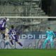 Fiorentina's Robin Everardus Gosens heads the ball to score their side's first goal of the game during the Serie A soccer match between Fiorentina and Lazio in Florence, Italy, Monday, April 13, 2026. (Massimo Paolone/LaPresse via AP)
