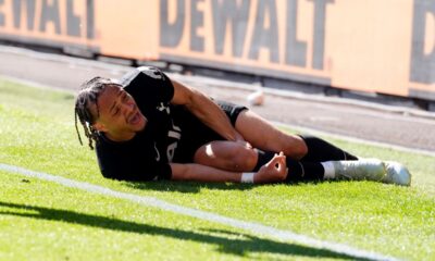 Tottenham Hotspur's Xavi Simons before stretchered off during the English Premier League soccer match between Wolverhampton Wanderers and Tottenham Hotspur in Wolverhampton, England, Saturday April 25, 2026. (Nick Potts/PA via AP)