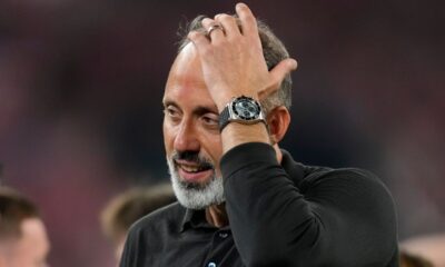 Real Sociedad's head coach Pellegrino Matarazzo celebrates after winning the Copa del Rey final soccer match between Atletico Madrid and Real Sociedad in Seville, Spain, Saturday, April. 18, 2026. (AP Photo/Jose Breton)
