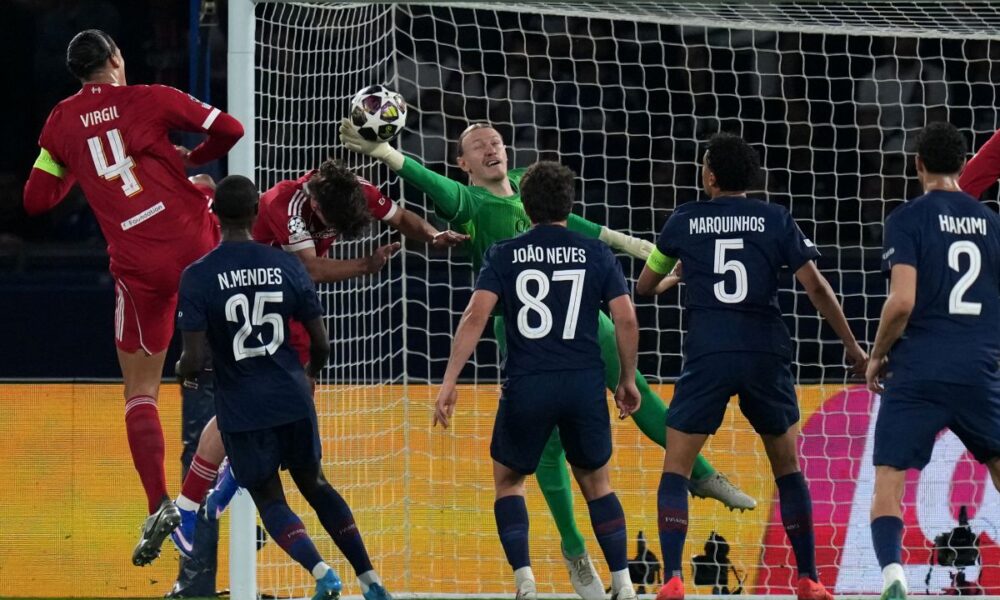 PSG's goalkeeper Matvey Safonov makes a save during the Champions League quarterfinal first leg soccer match between Paris Saint-Germain and Liverpool in Paris, Wednesday, April 8, 2026. (AP Photo/Thibault Camus)