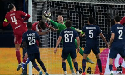PSG's goalkeeper Matvey Safonov makes a save during the Champions League quarterfinal first leg soccer match between Paris Saint-Germain and Liverpool in Paris, Wednesday, April 8, 2026. (AP Photo/Thibault Camus)