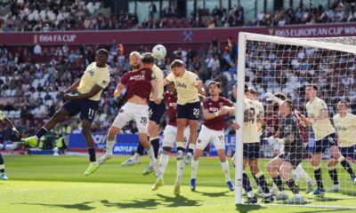 West Ham United's Tomas Soucek, second left, scores during the English Premier League soccer match between West Ham United and Everton in London, Saturday April 25, 2026. (Jonathan Brady/PA via AP)