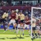 West Ham United's Tomas Soucek, second left, scores during the English Premier League soccer match between West Ham United and Everton in London, Saturday April 25, 2026. (Jonathan Brady/PA via AP)