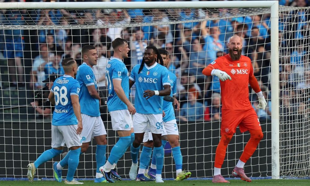 Napoli's goalkeeper Vanja Milinkovic-Savic celebrates a save during the Italian Serie A soccer match between Napoli and Lazio in Naples, Italy, Saturday, April 18, 2026. (Alessandro Garofalo/LaPresse via AP)