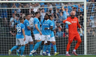 Napoli's goalkeeper Vanja Milinkovic-Savic celebrates a save during the Italian Serie A soccer match between Napoli and Lazio in Naples, Italy, Saturday, April 18, 2026. (Alessandro Garofalo/LaPresse via AP)