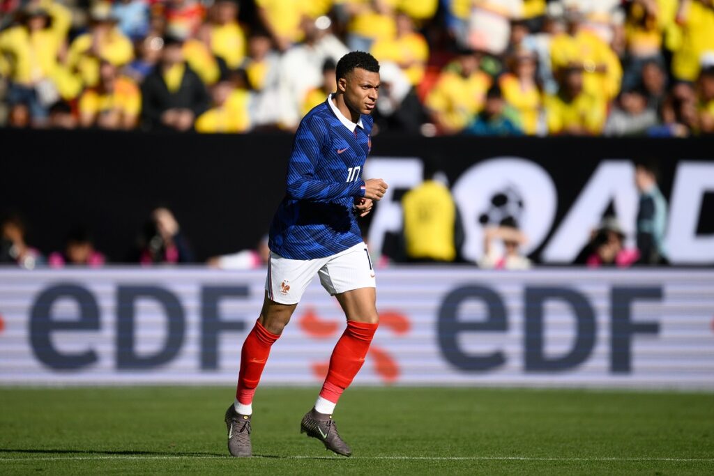 France forward Kylian Mbappé (10) runs during the international friendly soccer match between Colombia and France in Landover, Md., Sunday, March 29, 2026. (AP Photo/Nick Wass)