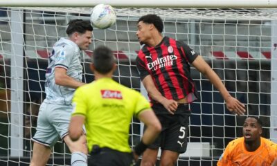 Udinese's Jurgen Ekkelenkamp[ scores during the Serie A soccer match between AC Milan and Udinese, in Milan, Italy, Saturday, April 11, 2026. (AP Photo/Antonio Calanni)