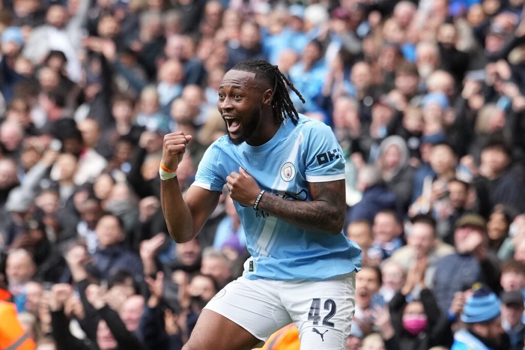 Manchester City's Antoine Semenyo celebrates after scoring during the FA Cup quarter-final soccer match between Manchester City and Liverpool in Manchester, England, Saturday, April 4, 2026. (AP Photo/Jon Super)