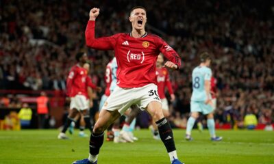 Manchester United's Benjamin Sesko celebrates after scoring during the Premier League soccer match between Manchester United and Brentford in Manchester, England, Monday, April 27, 2026. (AP Photo/Dave Thompson)