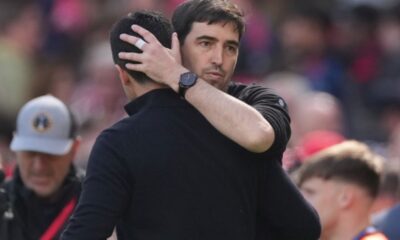Bournemouth's head coach Andoni Iraola hugs Arsenal's manager Mikel Arteta, left, after the Premier League soccer match between Arsenal and Bournemouth in London, England Saturday, April 11, 2026. (AP Photo/Dave Shopland)
