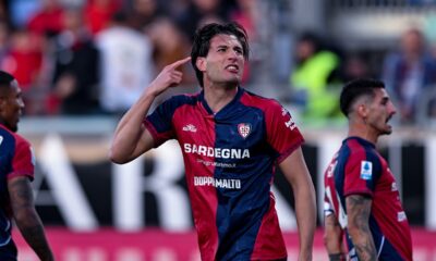 Cagliari's Gennaro Borrelli celebrates scoring during the Serie A soccer match between Cagliari and Atalanta, in Cagliari, Italy, Monday, April 27. (Gianluca Zuddas/LaPresse via AP)
