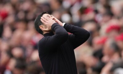 Arsenal's manager Mikel Arteta reacts during the Premier League soccer match between Arsenal and Bournemouth in London, England Saturday, April 11, 2026. (AP Photo/Dave Shopland)
