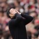 Arsenal's manager Mikel Arteta reacts during the Premier League soccer match between Arsenal and Bournemouth in London, England Saturday, April 11, 2026. (AP Photo/Dave Shopland)
