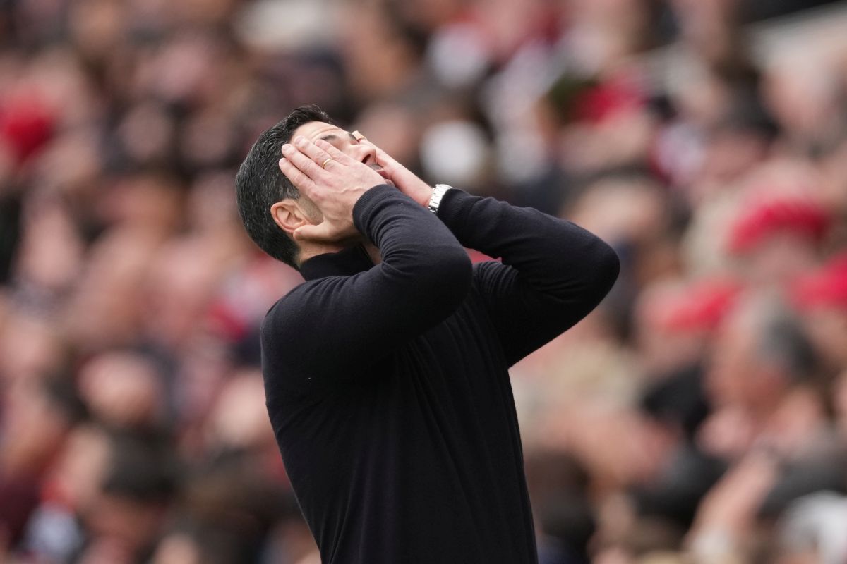 Arsenal's manager Mikel Arteta reacts during the Premier League soccer match between Arsenal and Bournemouth in London, England Saturday, April 11, 2026. (AP Photo/Dave Shopland)
