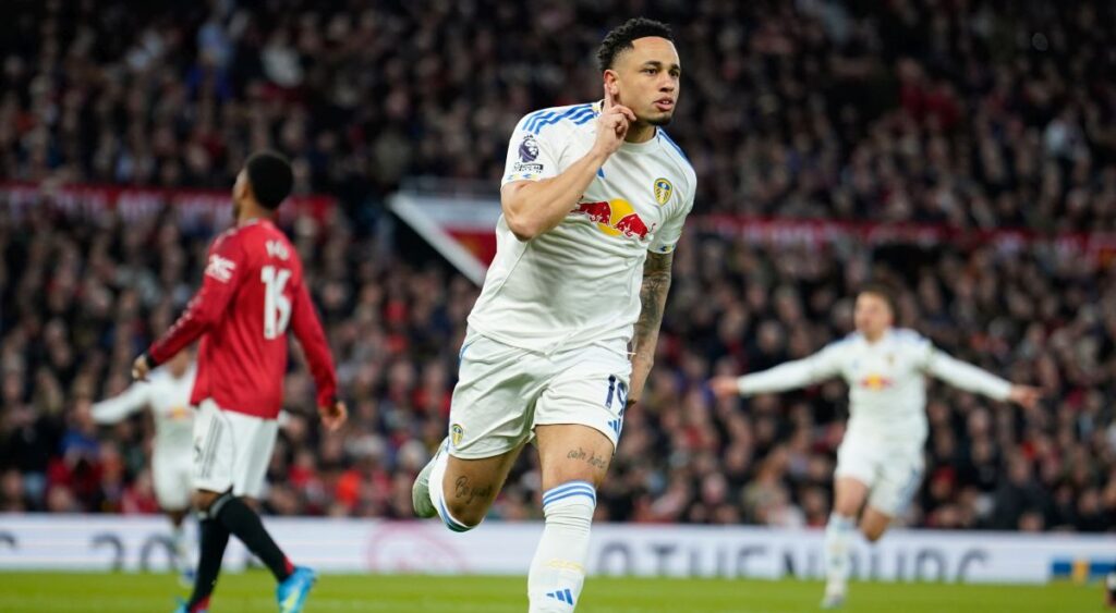 Leeds' Noah Okafor celebrates after scoring during the Premiier League soccer match between Manchester United and Leeds in Manchester, England, Monday, April 13, 2026. (AP Photo/Dave Thompson)