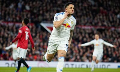 Leeds' Noah Okafor celebrates after scoring during the Premiier League soccer match between Manchester United and Leeds in Manchester, England, Monday, April 13, 2026. (AP Photo/Dave Thompson)