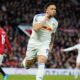 Leeds' Noah Okafor celebrates after scoring during the Premiier League soccer match between Manchester United and Leeds in Manchester, England, Monday, April 13, 2026. (AP Photo/Dave Thompson)