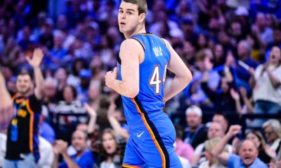 Oklahoma City Thunder guard Nikola Topić (44) looks on during the second half of an NBA basketball game against the Los Angeles Lakers Thursday, April 2, 2026, in Oklahoma City. (AP Photo/Gerald Leong)