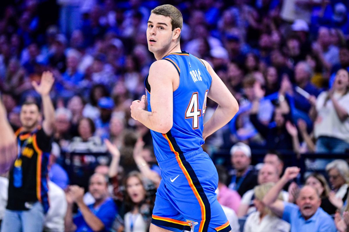 Oklahoma City Thunder guard Nikola Topić (44) looks on during the second half of an NBA basketball game against the Los Angeles Lakers Thursday, April 2, 2026, in Oklahoma City. (AP Photo/Gerald Leong)