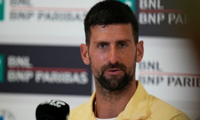 Novak Djokovic of Serbia attends a presser at the Italian Open tennis tournament in Rome, Thursday, May 7, 2026. (AP Photo/Alessandra Tarantino)