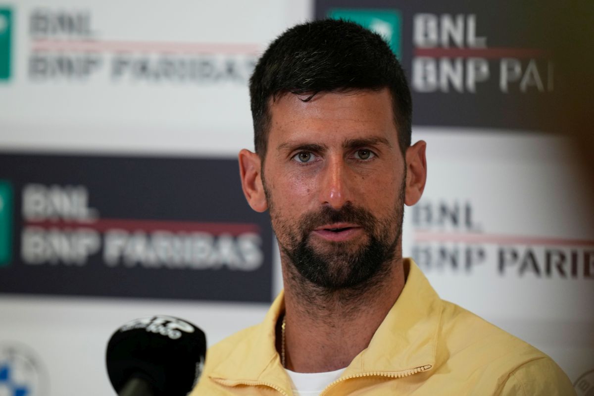 Novak Djokovic of Serbia attends a presser at the Italian Open tennis tournament in Rome, Thursday, May 7, 2026. (AP Photo/Alessandra Tarantino)
