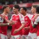 Arsenal's Viktor Gyoekeres, second right, celebrates with teammates after scoring his side's opening goal during the English Premier League soccer match between Arsenal and Fulham in London, England, Saturday, May 2, 2026. (AP Photo/Kin Cheung)