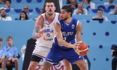 NIKOLA JOKIC kosarkas reprezentacije Srbije na utakmici Evropskog Prvenstva protiv OLIVIER NKAMHUOA Olivije Nkamua iz Finske u hali Saomi Arena, Riga 06.09.2025. godine Foto: Ivica Veselinov / MN PRESS KOSARKA, BASKETBALL, SRBIJA, SERBIA, FINSKA, FINLAND, EUROBASKET 2025, XIAOMI ARENA