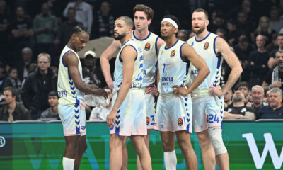 BRANCOU BADIO Branku Badio, DARIUS THOMPSON Darius TOmson, NATHAN REUVERS Nejtan Rojvers, KAMERON TAYLOR Kameron Tejlor, MATTHEW COSTELLO Metju Kostelo kosarkasi Valensije na utakmici Evrolige protiv Partizana u hali Beogradska arena, Beograd 27.03.2026. godine Foto: Marko Metlas Kosarka, Partizan, Evroliga, Valensija