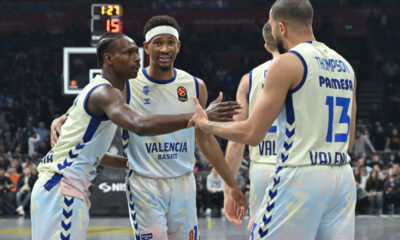 BRANCOU BADIO Branku Badio, KAMERON TAYLOR Kameron Tejlor, DARIUS THOMPSON Darius Tomson kosarkasi Valensije na utakmici Evrolige protiv Partizana u hali Beogradska arena, Beograd 27.03.2026. godine Foto: Marko Metlas Kosarka, Partizan, Evroliga, Valensija