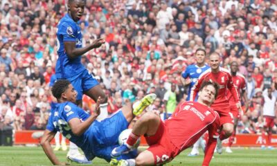 Chelsea's Wesley Fofana, left, and Liverpool's Milos Kerkez fight for the ball during the Premier League soccer match between Liverpool and Chelsea in Liverpool, England, Saturday, May 9, 2026. (AP Photo/Ian Hodgson)