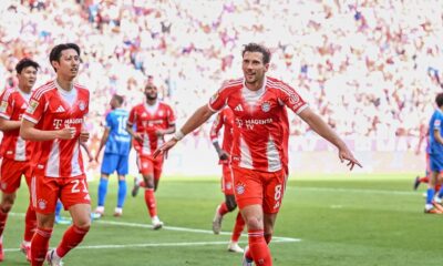 Bayern's Leon Goretzka celebrates scoring their side's second goal of the game during a German Bundesliga soccer match between Bayern Munich and 1. FC Heidenheim in Munich, Germany, Saturday, May 2, 2026. (Harry Langer/dpa via AP)