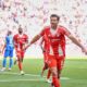 Bayern's Leon Goretzka celebrates scoring their side's second goal of the game during a German Bundesliga soccer match between Bayern Munich and 1. FC Heidenheim in Munich, Germany, Saturday, May 2, 2026. (Harry Langer/dpa via AP)