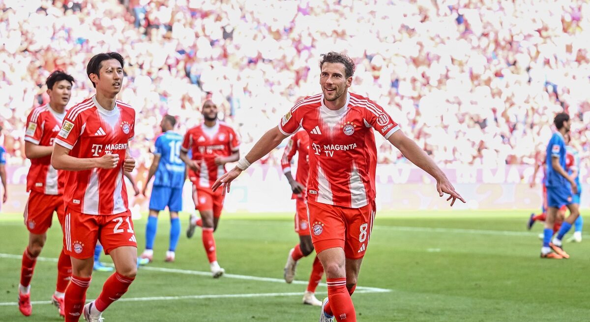 Bayern's Leon Goretzka celebrates scoring their side's second goal of the game during a German Bundesliga soccer match between Bayern Munich and 1. FC Heidenheim in Munich, Germany, Saturday, May 2, 2026. (Harry Langer/dpa via AP)
