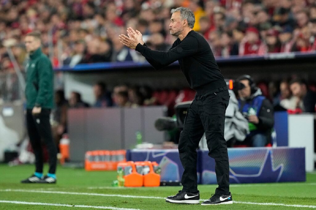 PSG's head coach Luis Enrique reacts during the Champions League semifinal second leg soccer match between Bayern Munich and Paris Saint Germain in Munich, Germany, Wednesday, May 6, 2026. (AP Photo/Martin Meissner)