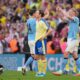 Manchester City's Nico Gonzalez, left, and Erling Haaland celebrate after the FA Cup semifinal soccer match between Manchester City and Southampton in Manchester, England, Saturday, April 25, 2026. (AP Photo/Kin Cheung)