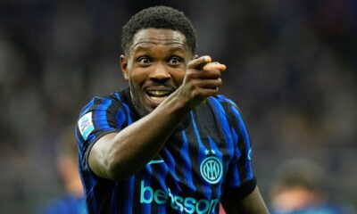 Inter Milan's Marcus Thuram celebrates after scoring his side's opening goal during a Serie A soccer match between Inter Milan and Parma, in Milan, Italy, Sunday, May 3, 2026. (AP Photo/Luca Bruno)