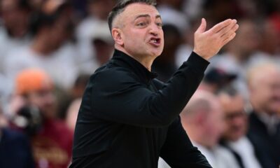 Toronto Raptors head coach Darko Rajakovic gives instructions from the bench during the second half in Game 5 of a first-round NBA playoffs basketball series against the Cleveland Cavaliers, Wednesday, April 29, 2026, In Cleveland. (AP Photo/David Dermer)