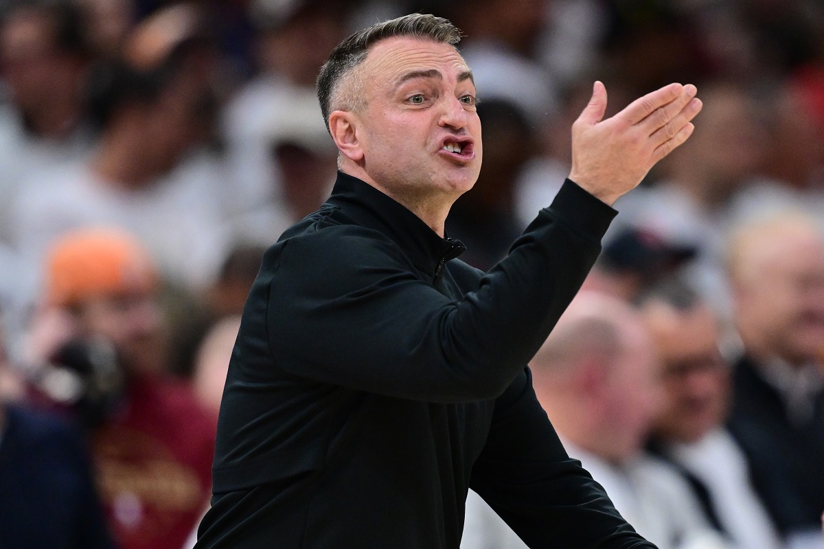 Toronto Raptors head coach Darko Rajakovic gives instructions from the bench during the second half in Game 5 of a first-round NBA playoffs basketball series against the Cleveland Cavaliers, Wednesday, April 29, 2026, In Cleveland. (AP Photo/David Dermer)