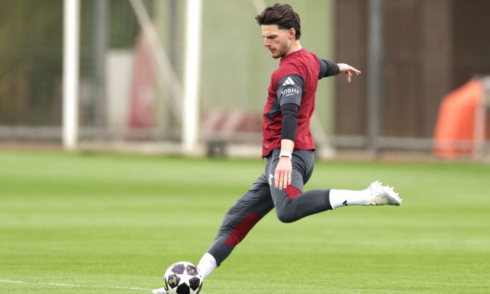 Arsenal's Declan Rice attends a training session at Sobha Realty Training Centre, London, Monday May 4, 2026. (Steven Paston/PA via AP)