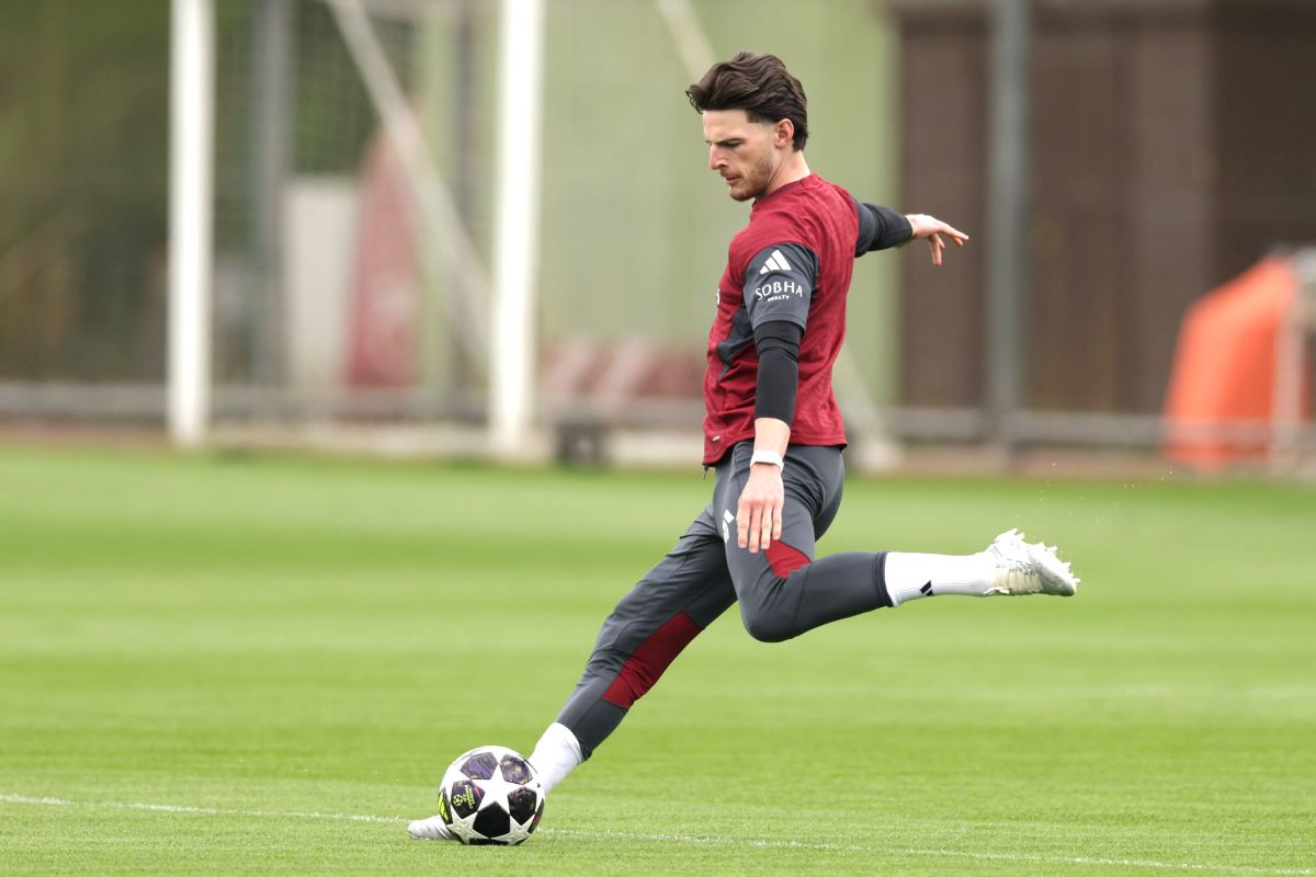 Arsenal's Declan Rice attends a training session at Sobha Realty Training Centre, London, Monday May 4, 2026. (Steven Paston/PA via AP)
